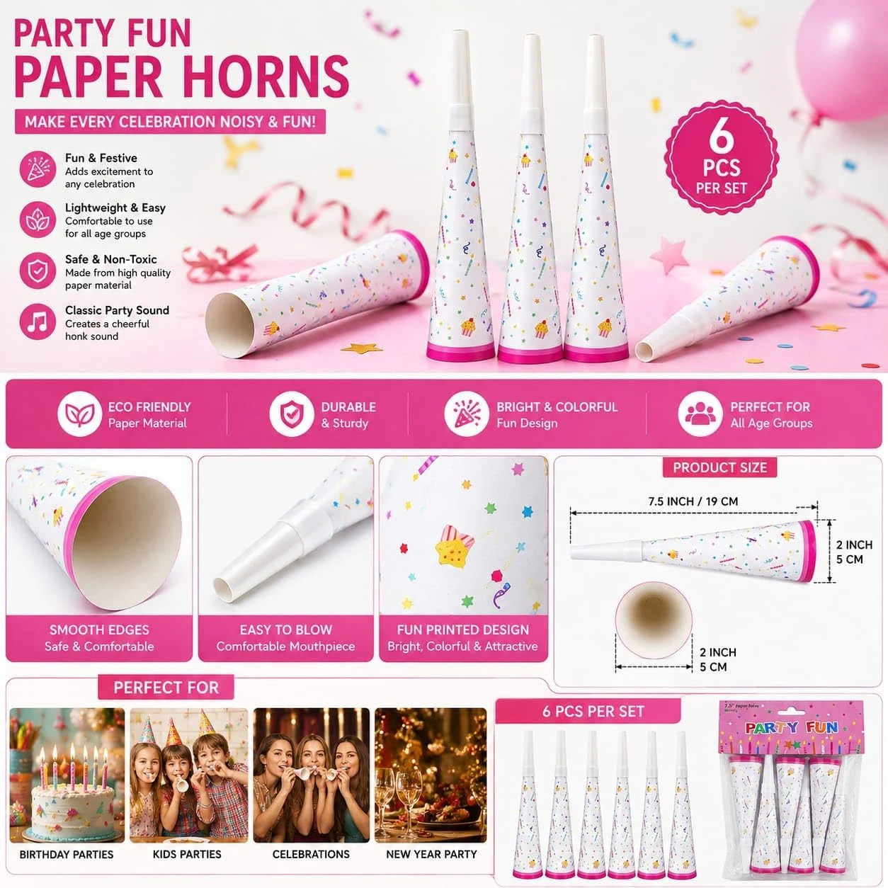 Birthday Party Blowouts, 6 Pack Paper Horn Noisemakers with Cupcake Design, 7.5 Inch Blow Out Party Favors for Kids & Adults Birthday Celebration — Image 3
