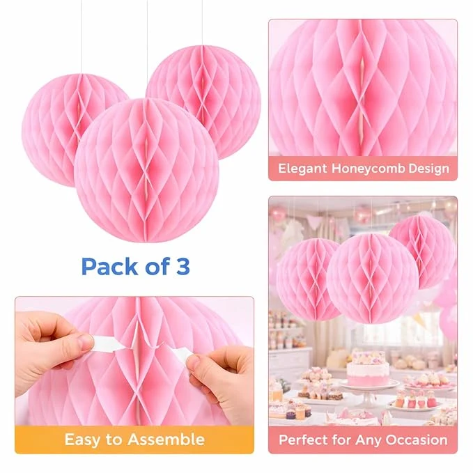 Pink Honeycomb Paper Ball Decorations 10 Inch Hanging Honeycomb Balls for Birthday Party Decoration, Baby Shower & Event Ceiling Decor, Reusable Foldable Paper Hanging Decorations – Pack of 3 — Image 2
