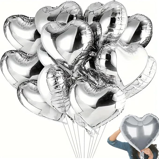 10Pcs Silver Foil Heart Shaped Balloons 18 Inch Heart Mylar Balloons For Baby Shower Wedding Valentine Decorations Love Balloons Party Decorations