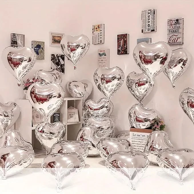 10Pcs Silver Foil Heart Shaped Balloons 18 Inch Heart Mylar Balloons For Baby Shower Wedding Valentine Decorations Love Balloons Party Decorations — Image 3