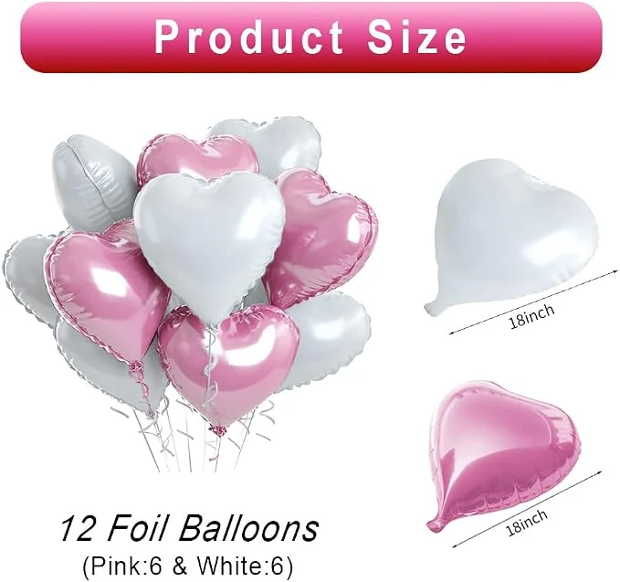 Pink White Heart Foil Balloons,18 Inch Heart Shaped foil Balloon Love balloons for Wedding Decoration Party Birthday Valentines'Day decoration — Image 2