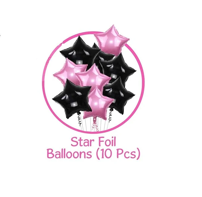 Just Party 10 Pcs Pink & Black 18 Inch Star Shape Foil Balloons with Shiny Surface For Birthdays/Anniversary/Engagement/Baby Shower/bachelorette Party Decorations (Satin Roll & Straw Included) — Image 4