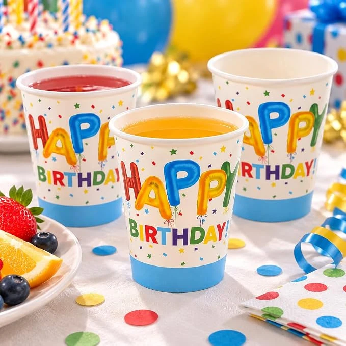 Goldedge 10pc Disposable Cups Printed Happy Birthday and Confetti for All Sorts of Birthday Occasions (270 ml Each Cup) — Image 3