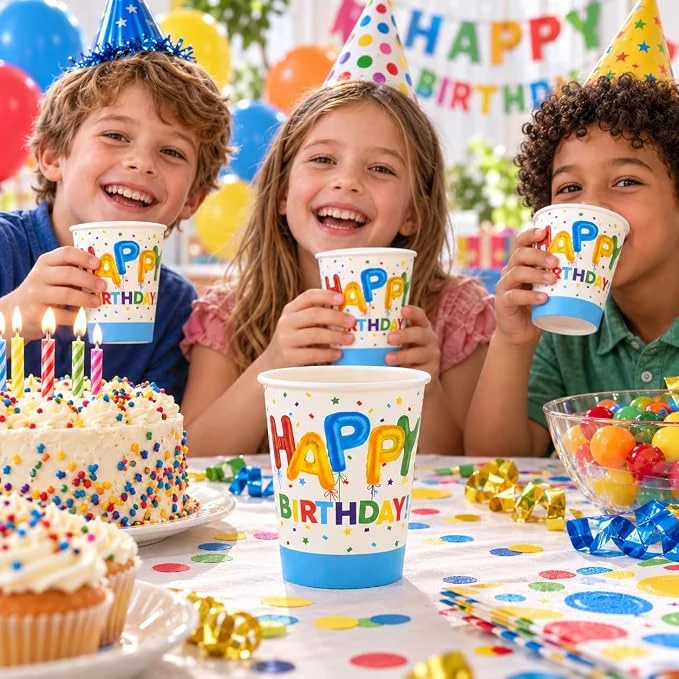 Goldedge 10pc Disposable Cups Printed Happy Birthday and Confetti for All Sorts of Birthday Occasions (270 ml Each Cup) — Image 4