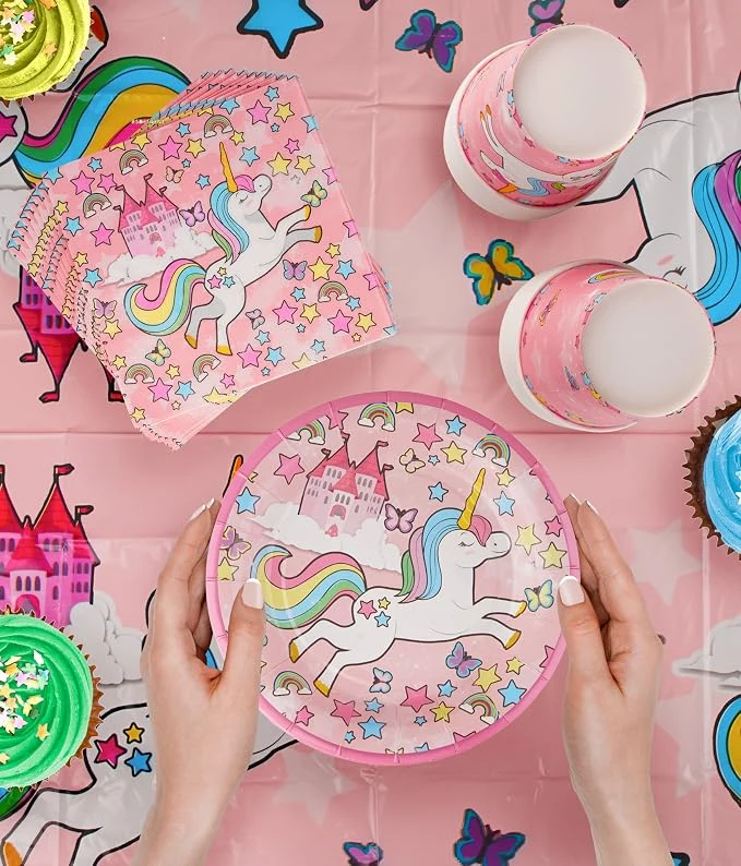 Party decorations Set - Piece Party Supplies Kit with Banner, unicorn plates, Cups, Napkins, Tablecloth - Serves , Perfect for Birthday Parties and Themed Celebrations