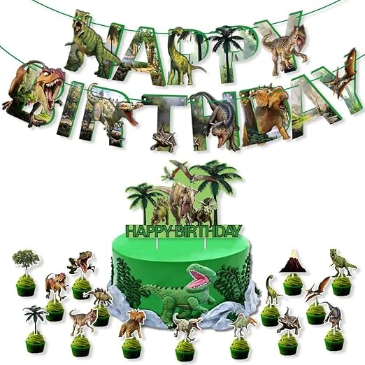 JOATFENR Happy Birthday Banner with Cake Toppers for Kids, Dinosaur Themed Birthday Cake Decorations for Girls Boys，Happy Birthday Sign for Teens, Party Banner Birthday Party Favors Supplies — Image 2