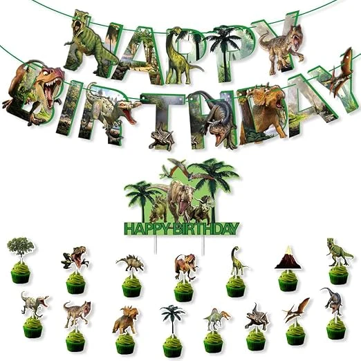 JOATFENR Happy Birthday Banner with Cake Toppers for Kids, Dinosaur Themed Birthday Cake Decorations for Girls Boys，Happy Birthday Sign for Teens, Party Banner Birthday Party Favors Supplies — Image 3