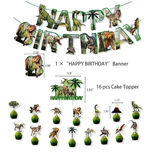JOATFENR Happy Birthday Banner with Cake Toppers for Kids, Dinosaur Themed Birthday Cake Decorations for Girls Boys，Happy Birthday Sign for Teens, Party Banner Birthday Party Favors Supplies — Image 4