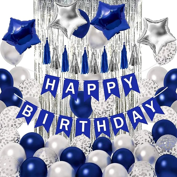 Blue and Silver Party Decoration Set, Happy Birthday Banner, Tassle Fringe, Foil Star Balloons, Confetti Balloons, Complete Decoration Kit — Image 2