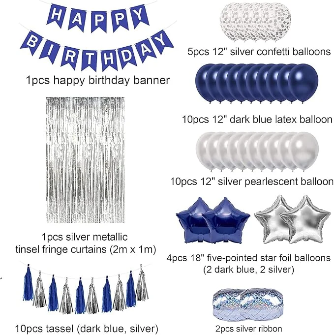 Blue and Silver Party Decoration Set, Happy Birthday Banner, Tassle Fringe, Foil Star Balloons, Confetti Balloons, Complete Decoration Kit — Image 4