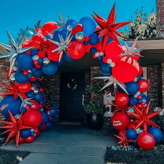 Red Blue Silver Balloon Arch Garland Kit, Red Royal Blue Latex Balloons 4D Ball Explosion Star Foil Balloons for Boys Baby Shower Party Graduation 4th of July Baseball Birthday Party Decor — Image 2