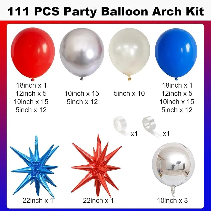 Red Blue Silver Balloon Arch Garland Kit, Red Royal Blue Latex Balloons 4D Ball Explosion Star Foil Balloons for Boys Baby Shower Party Graduation 4th of July Baseball Birthday Party Decor — Image 4
