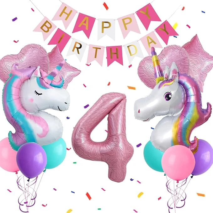Birthday Decorations for Girls, 4 year old Girl Birthday Party Supplies with Happy Birthday Banner, Foil Balloons, Heart and Star Balloons, Cake Topper — Image 5