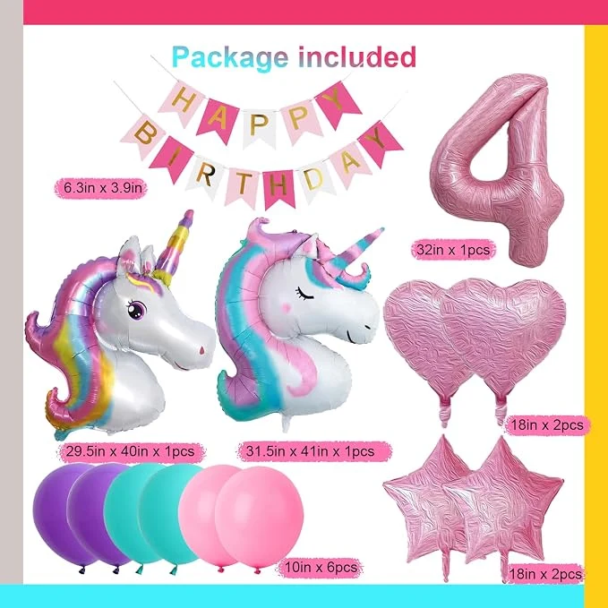 Birthday Decorations for Girls, 4 year old Girl Birthday Party Supplies with Happy Birthday Banner, Foil Balloons, Heart and Star Balloons, Cake Topper — Image 6