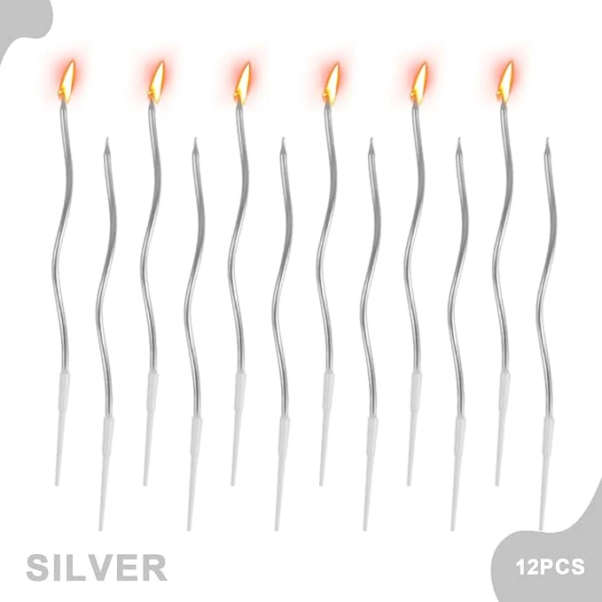 12 Pcs Silver Spiral Twisty Birthday Candles for Cake – Metallic Thin Long Birthday Candles with Holders, Candles for Cake and Party Decoration (Silver)