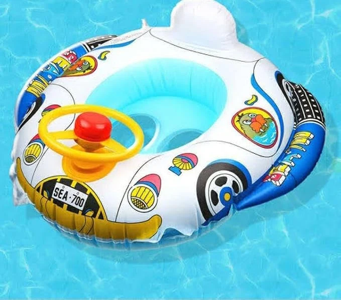 Inflatable Baby Swimming Float with Steering Wheel, Car Design Pool Ring, White and Blue Kids Water Seat, Safety Handle — Image 2