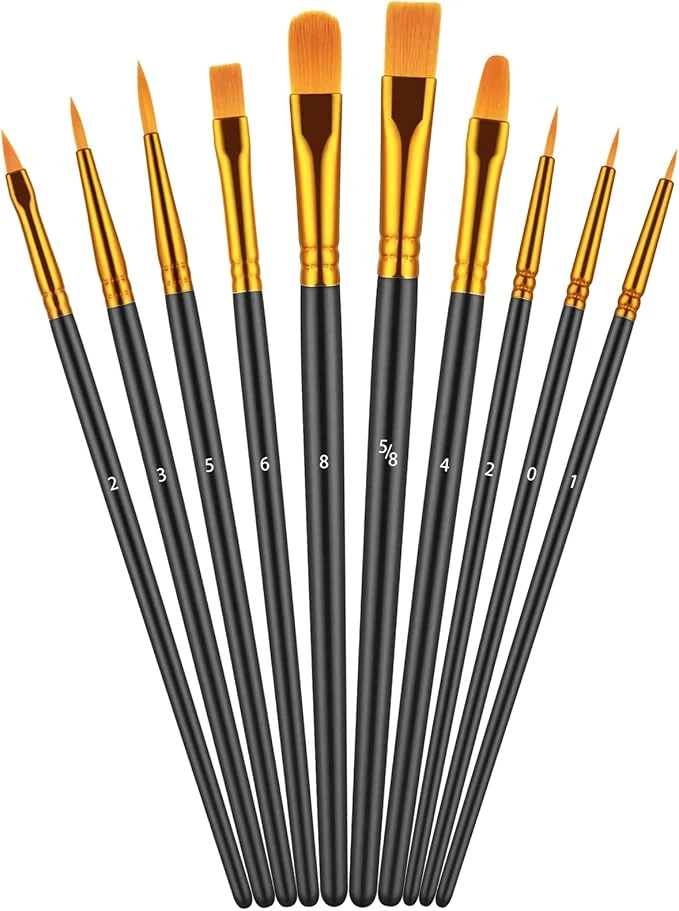 10Pcs Paint Brush Set, Small Round Detail Tips, Black Made with nylon hair & wooden handles. Ideal for acrylic, oil & watercolor, canvas, rock & face painting, adult art supplies