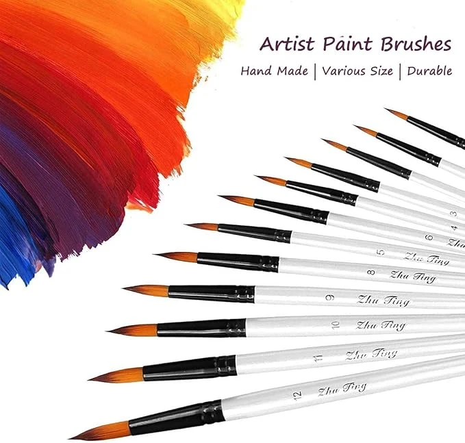 Paint Brushes Set, 10pcs Professional Round-Pointed Tip Artist Paintbrushes for Acrylic Watercolor Oil Painting, Face Body Nail Art, Crafts, Canvas, Rock, Shoes, Miniature Model & Fine Detail