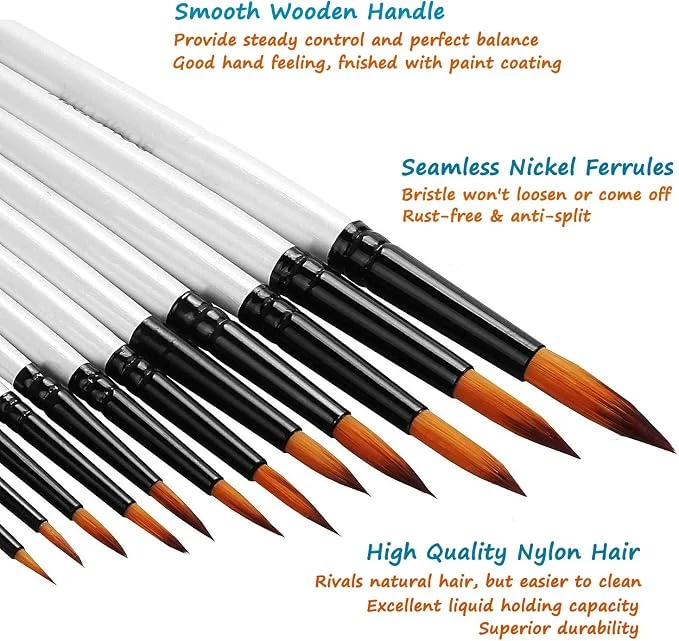 Paint Brushes Set, 10pcs Professional Round-Pointed Tip Artist Paintbrushes for Acrylic Watercolor Oil Painting, Face Body Nail Art, Crafts, Canvas, Rock, Shoes, Miniature Model & Fine Detail — Image 3