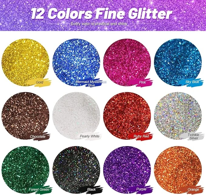 Extra Fine Glitter Set, 12Pcs 12 Colors 10g Shake Jars, Glitter Powder for Arts Crafts Painting Decoration Body Face Makeup Nail Art Pigment — Image 2
