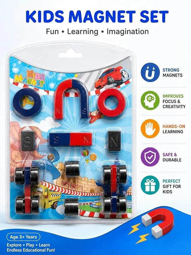 Magnetic Toy Set for Kids | U Shape Magnet, Bar Magnet, Ring Magnets, Magnetic Wheels & Disc Magnets | Science Experiment Kit for School Projects & STEM Learning