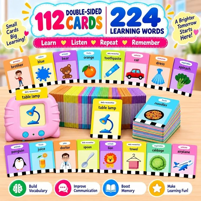 Happy World Interactive Talking Flash Card Learning Toy for Kids Ages 2-5, Electronic Word Learning Card Reader with 112 Double-Sided Cards, 224 Words, Audio Educational Toy for Toddlers — Image 4