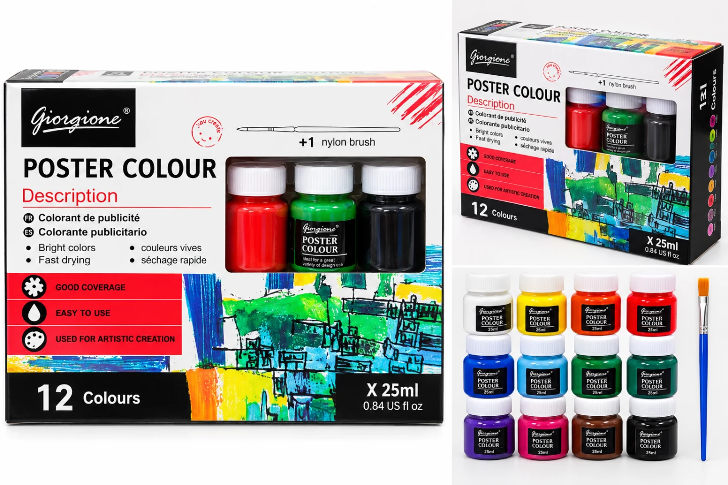 Giorgione Poster Colour Paint Set – 12 Vibrant Colors, 25ml Each with Paint Brush