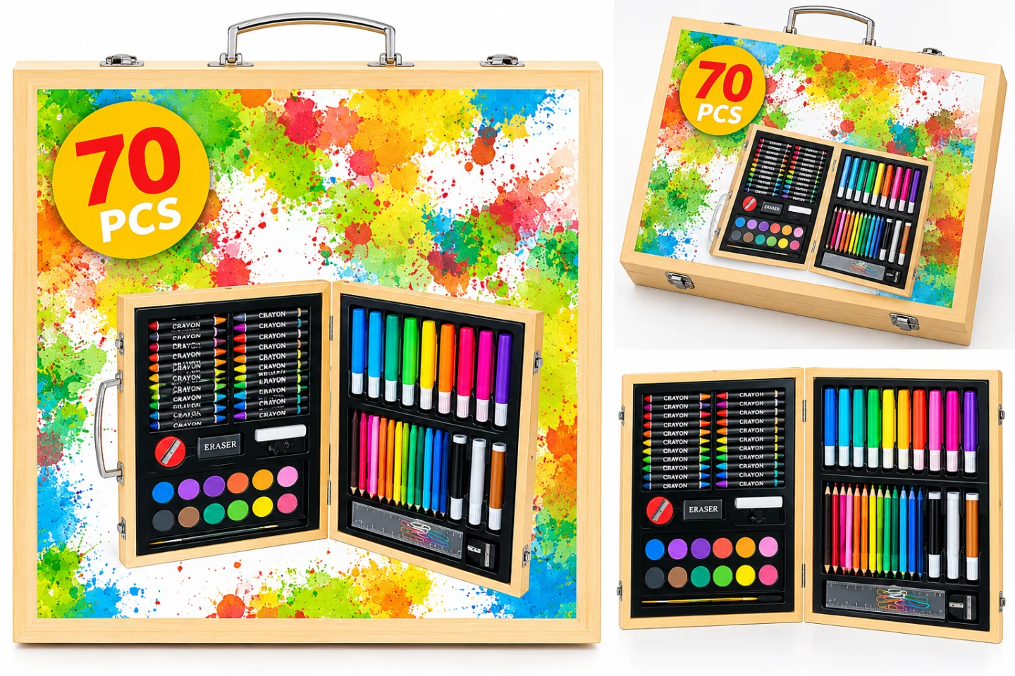 70-Piece Wooden Art Set – Kids Drawing, Painting & Coloring Kit with Portable Carrying Case